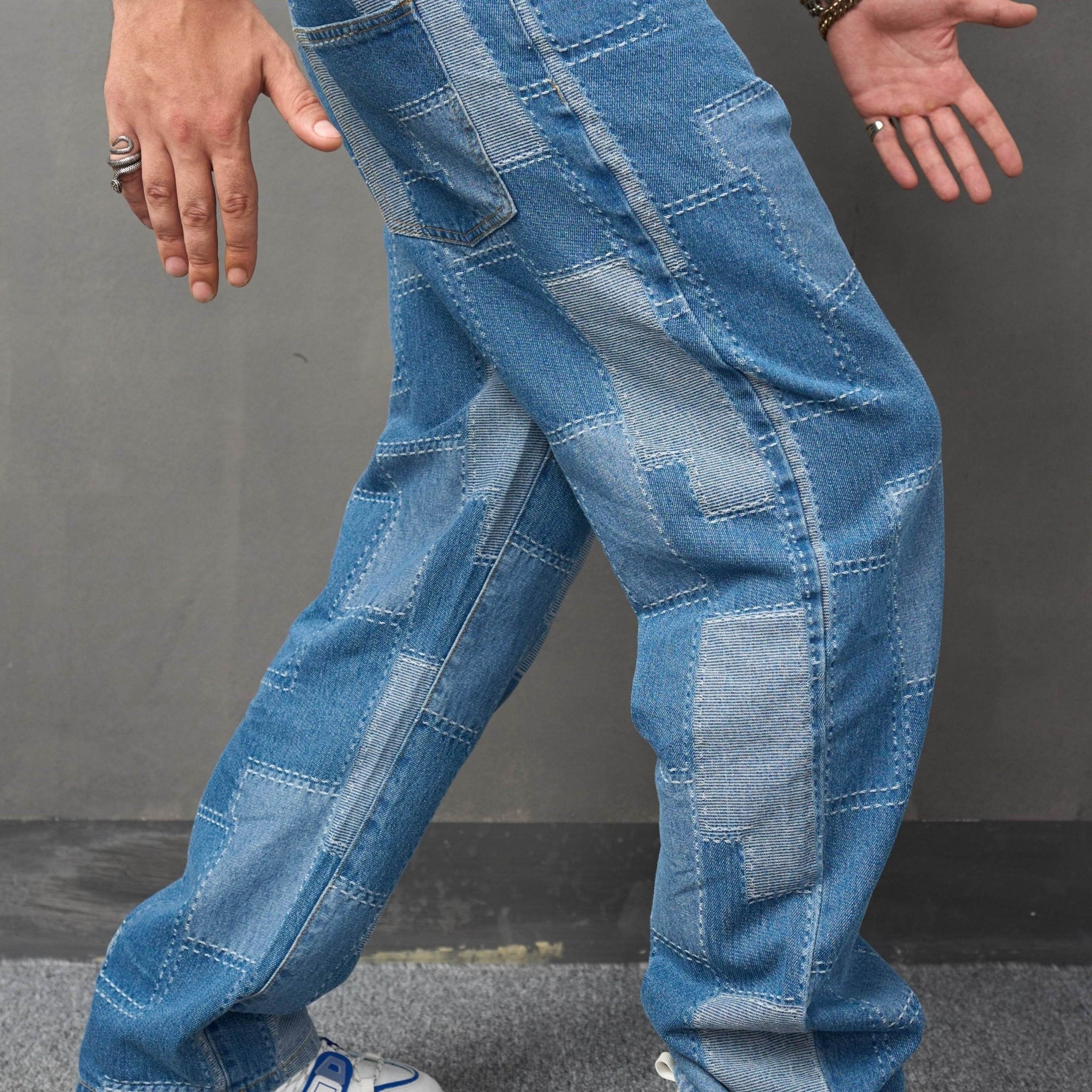 Mens TrendSETTING Patch Work Jeans - Comfortable Cotton Blend, Dramatic Wide Leg, Street Style Chic - For Fashion - Forward Men - La Tienda Bella