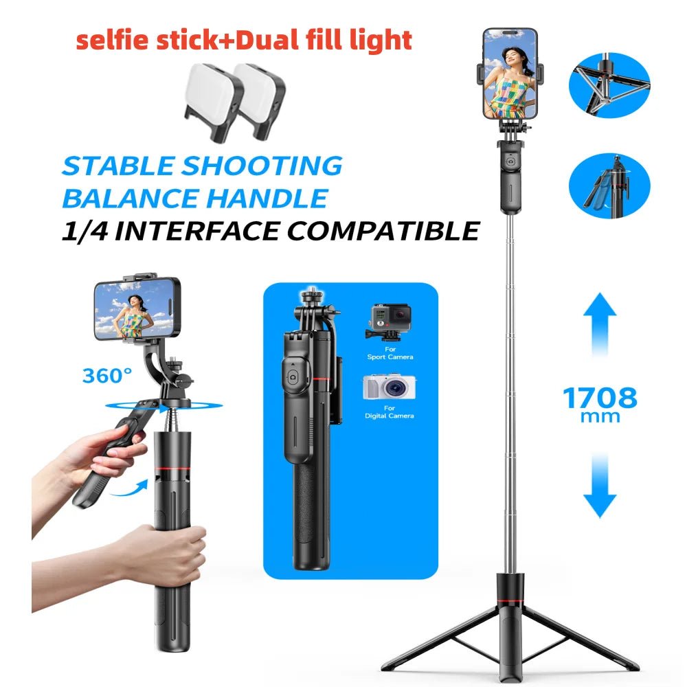 MEUYAG Selfie Stick Tripod with 1708mm Long Monopod Fill Light, Bluetooth Remote, 360° Rotation, 1/4 Interface, for mobile phone - La Tienda Bella