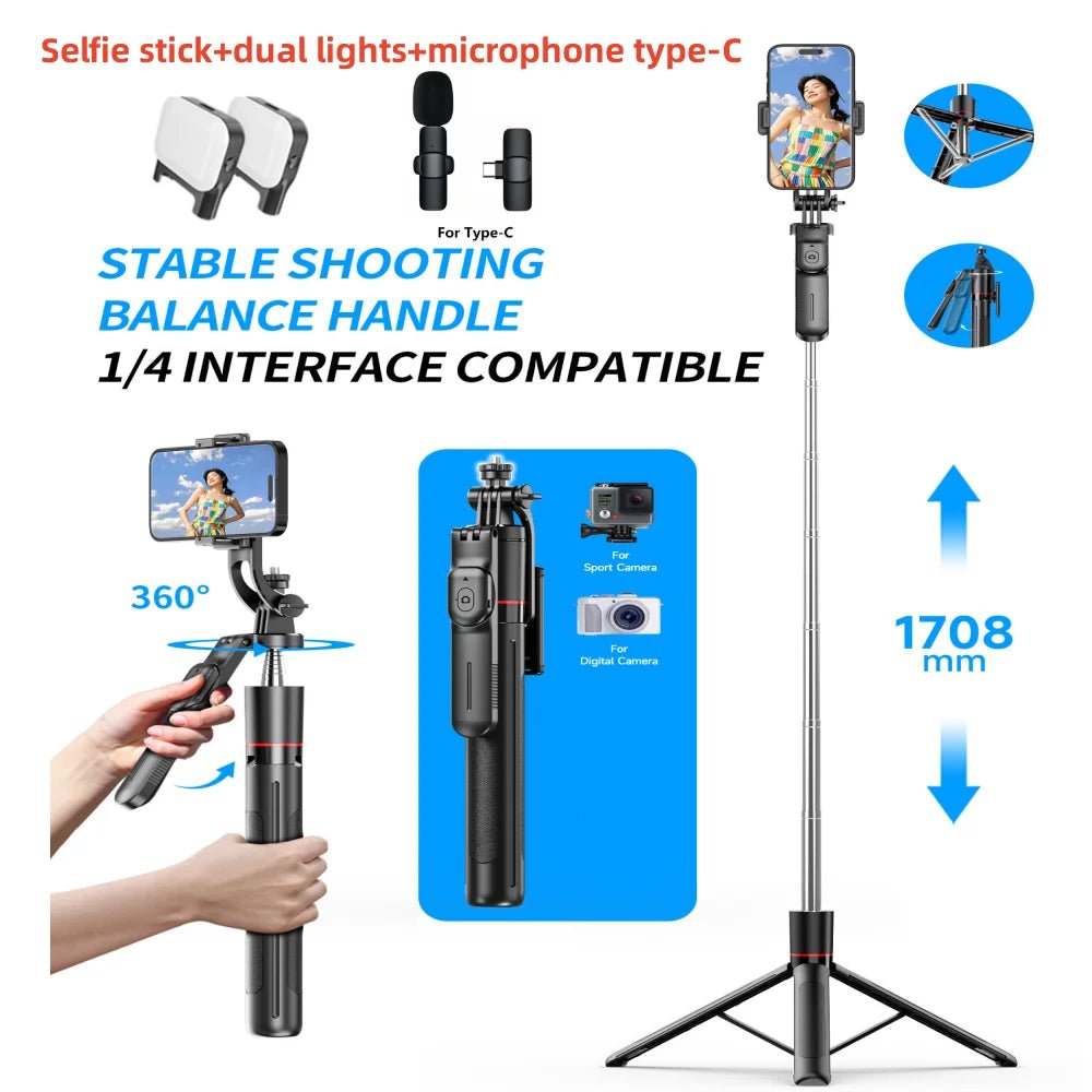 MEUYAG Selfie Stick Tripod with 1708mm Long Monopod Fill Light, Bluetooth Remote, 360° Rotation, 1/4 Interface, for mobile phone - La Tienda Bella