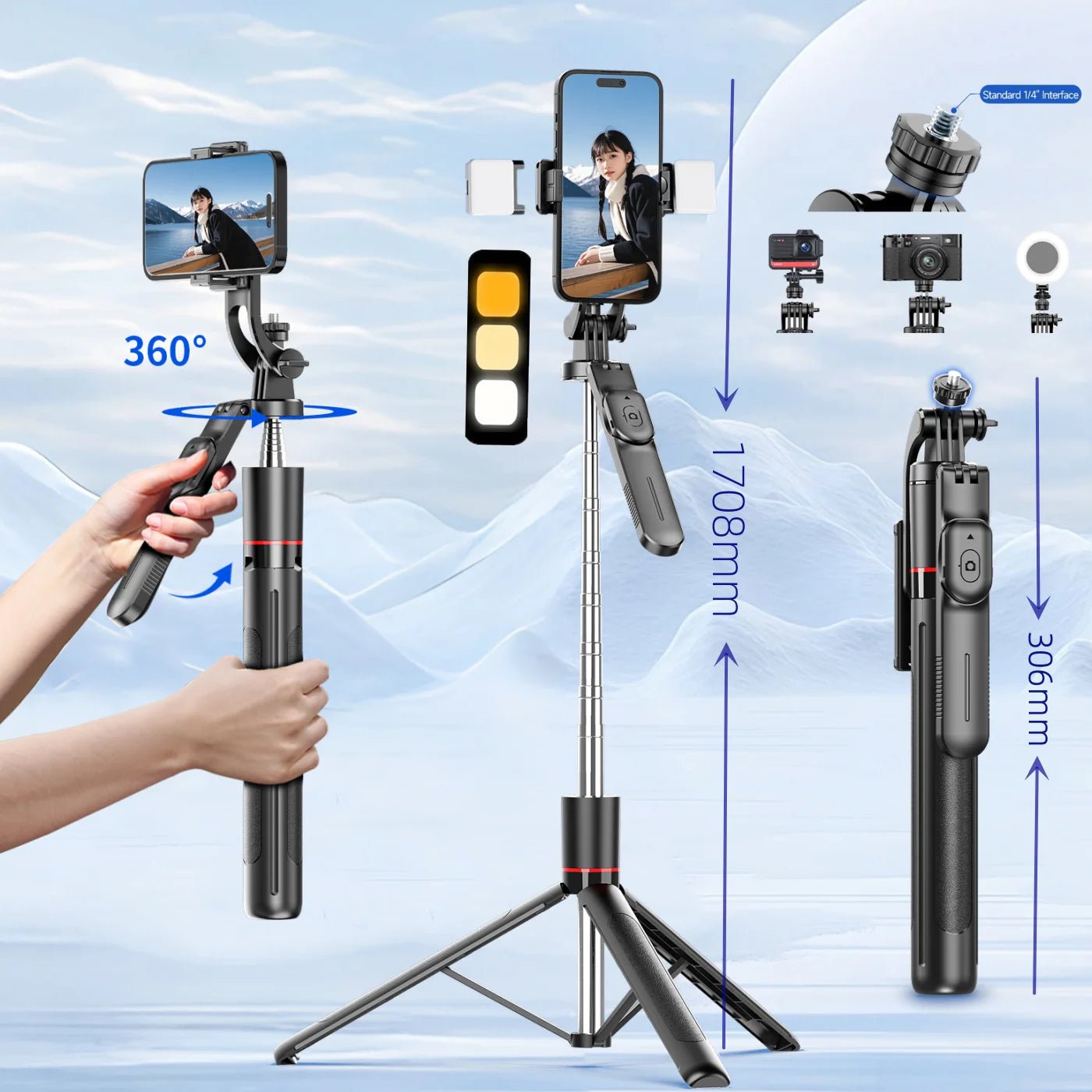 MEUYAG Selfie Stick Tripod with 1708mm Long Monopod Fill Light, Bluetooth Remote, 360° Rotation, 1/4 Interface, for mobile phone - La Tienda Bella