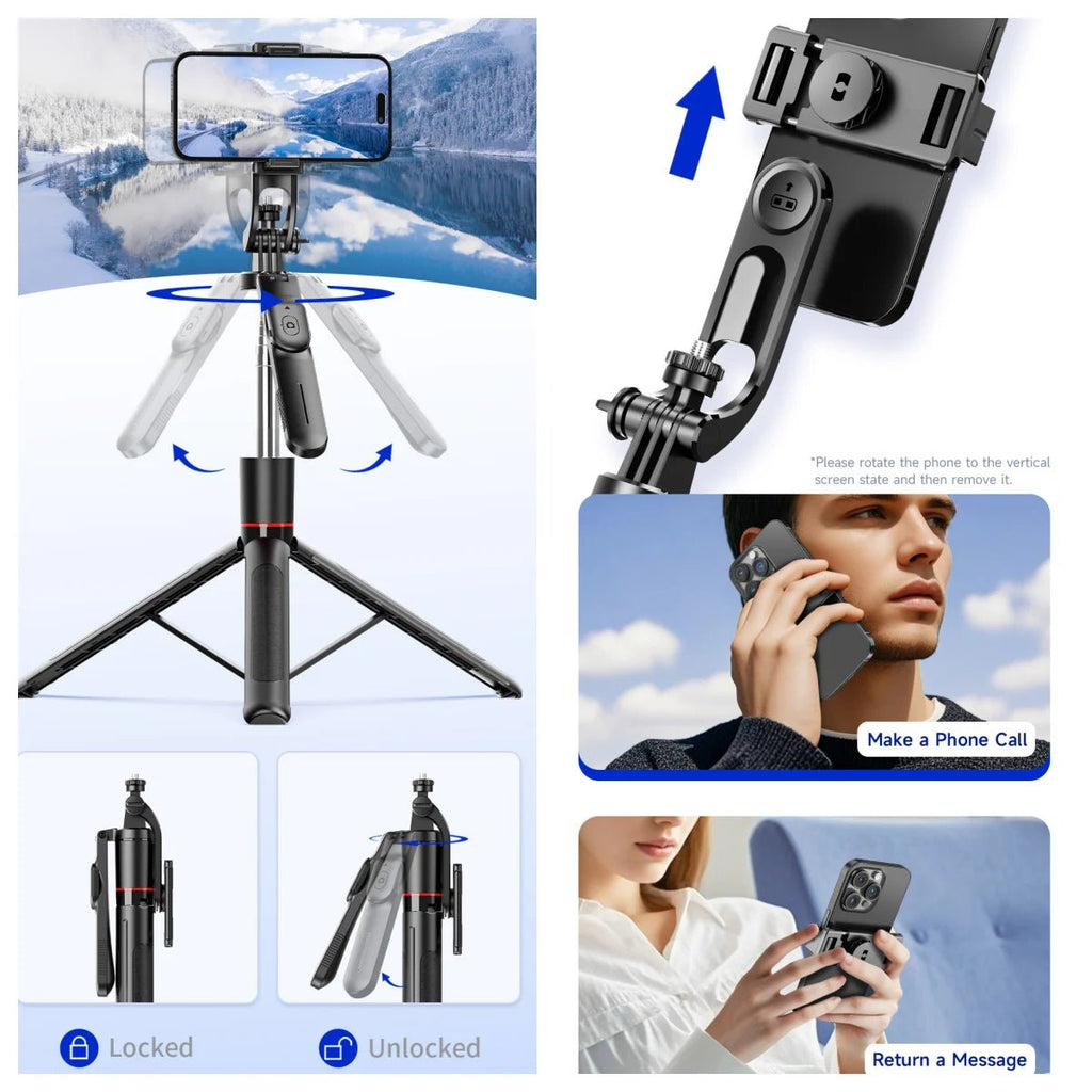 MEUYAG Selfie Stick Tripod with 1708mm Long Monopod Fill Light, Bluetooth Remote, 360° Rotation, 1/4 Interface, for mobile phone - La Tienda Bella