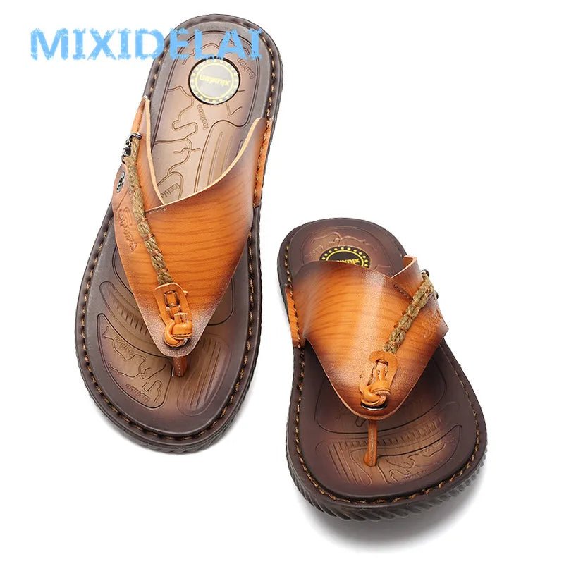 MIXIDELAI Men Sandals Summer Shoes Men Beach Sandals Brand Men Casual Shoes Flip Flops Leather Sneakers Men Slippers Size38 - 46 - La Tienda Bella