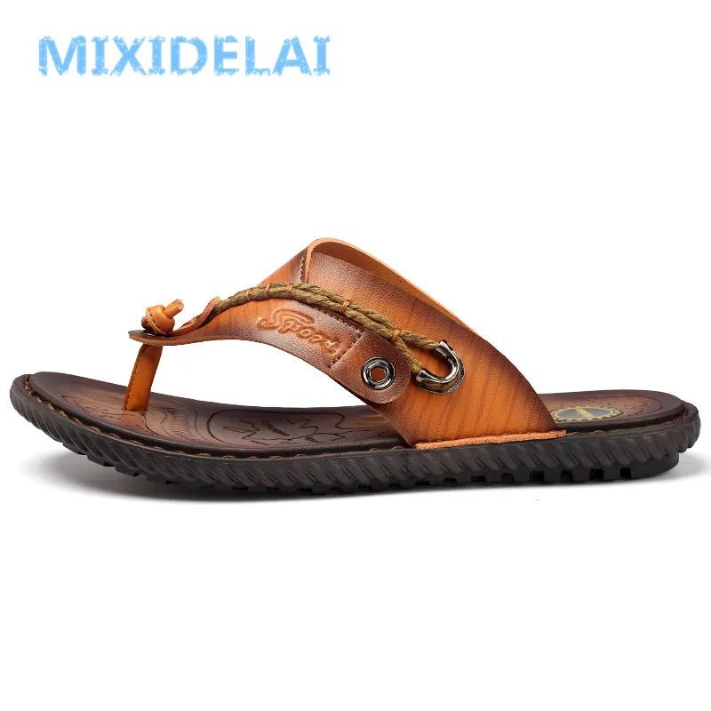MIXIDELAI Men Sandals Summer Shoes Men Beach Sandals Brand Men Casual Shoes Flip Flops Leather Sneakers Men Slippers Size38 - 46 - La Tienda Bella