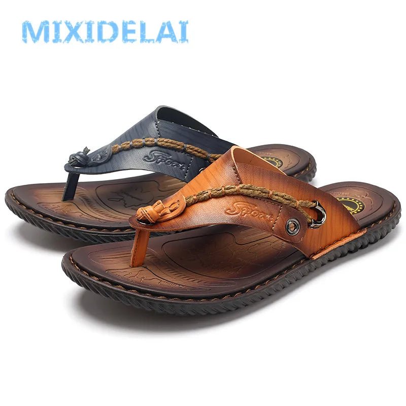 MIXIDELAI Men Sandals Summer Shoes Men Beach Sandals Brand Men Casual Shoes Flip Flops Leather Sneakers Men Slippers Size38 - 46 - La Tienda Bella