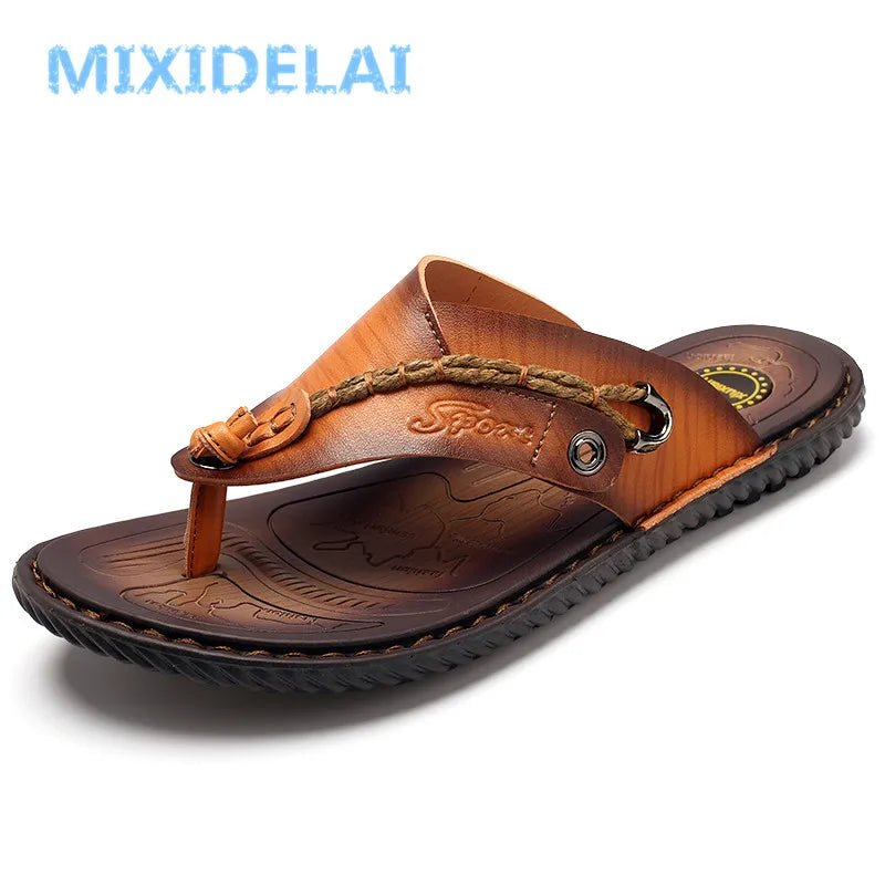 MIXIDELAI Men Sandals Summer Shoes Men Beach Sandals Brand Men Casual Shoes Flip Flops Leather Sneakers Men Slippers Size38 - 46 - La Tienda Bella