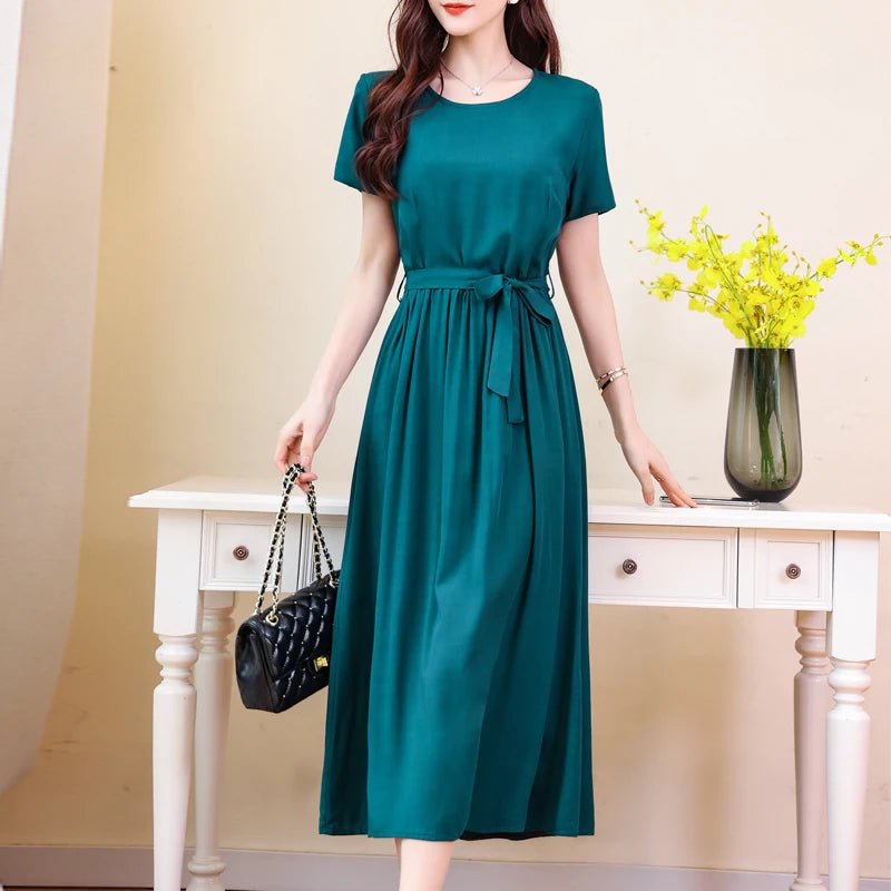 New Fashion Summer Dresses For Women 2025 Elegant Casual Short Sleeve Midi Dress Soild Colour Women Clothing - La Tienda Bella