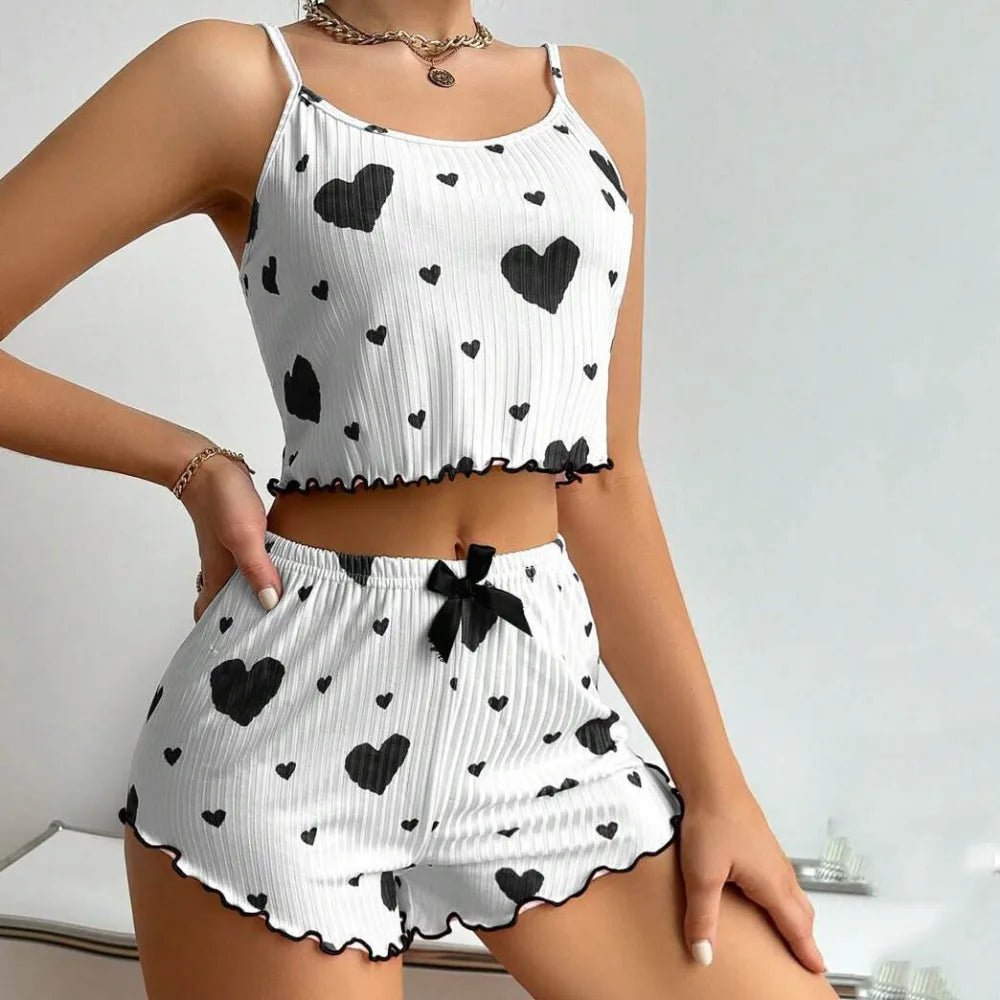 New Summer Thin Pajamas Solid Color Polyester Leisure Suit Homewear Set Sling Shorts Ladies - La Tienda Bella