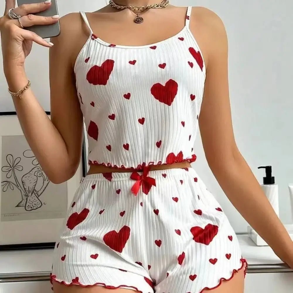 New Summer Thin Pajamas Solid Color Polyester Leisure Suit Homewear Set Sling Shorts Ladies - La Tienda Bella