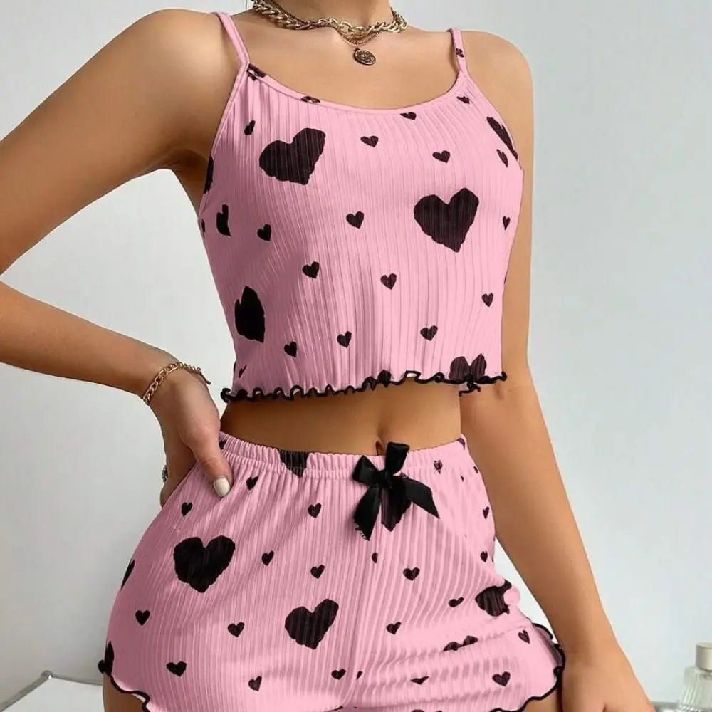 New Summer Thin Pajamas Solid Color Polyester Leisure Suit Homewear Set Sling Shorts Ladies - La Tienda Bella