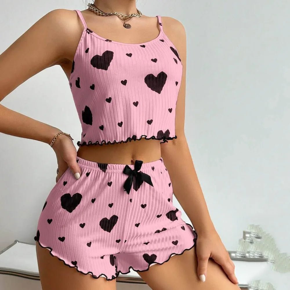 New Summer Thin Pajamas Solid Color Polyester Leisure Suit Homewear Set Sling Shorts Ladies - La Tienda Bella