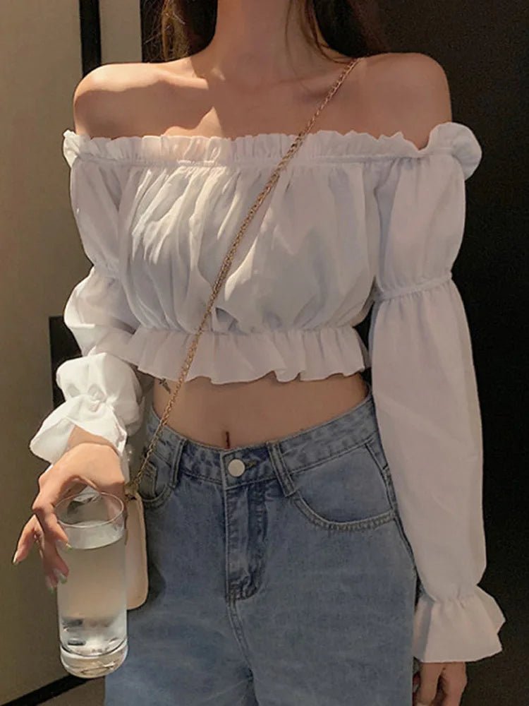 Off - Shoulder Puff Sleeve Blouse – White Long Sleeve Tunic Top for Women - La Tienda Bella