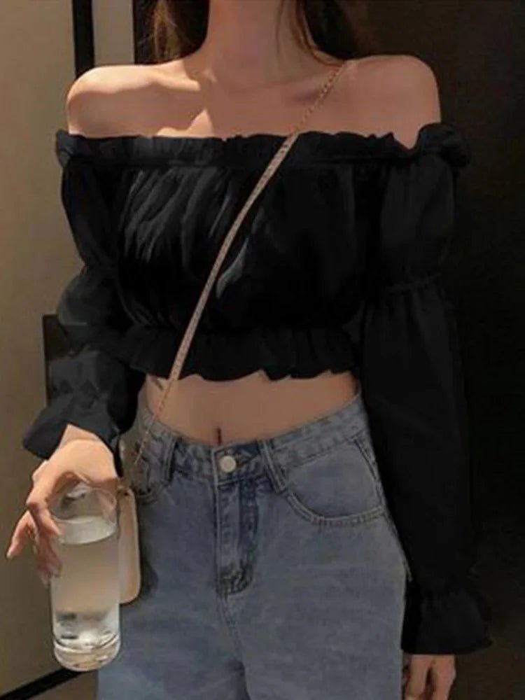 Off - Shoulder Puff Sleeve Blouse – White Long Sleeve Tunic Top for Women - La Tienda Bella