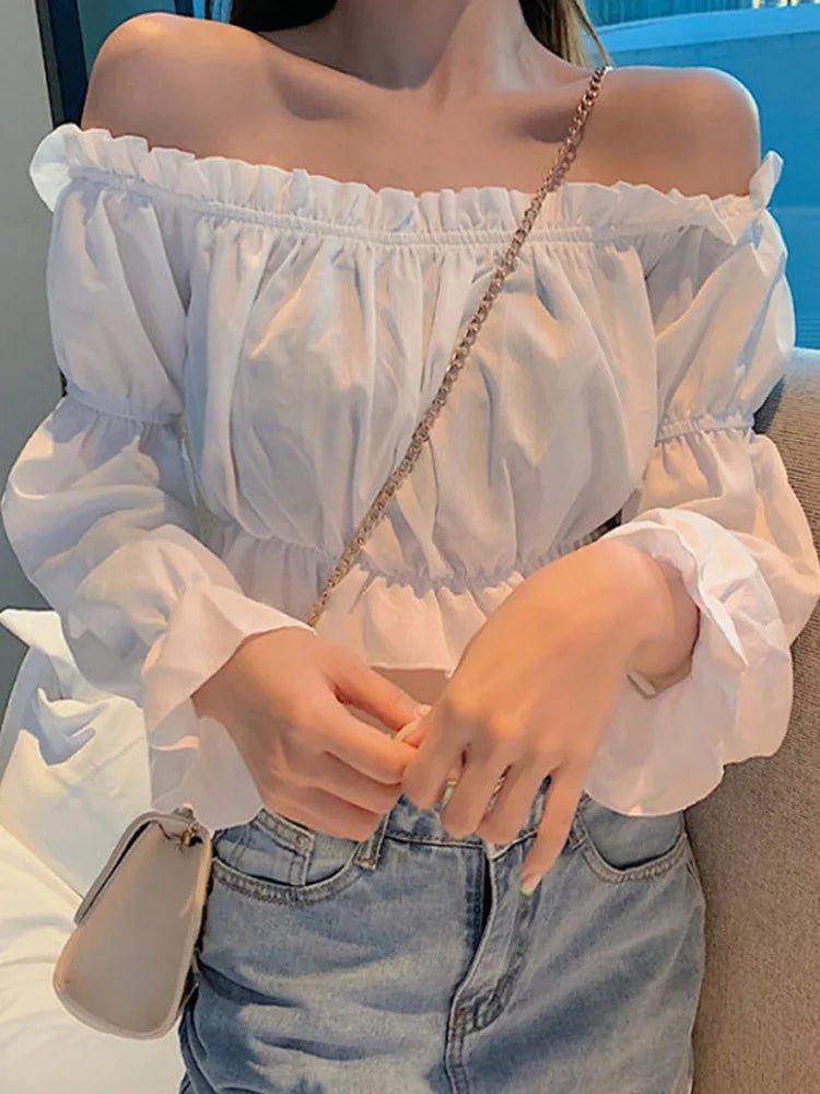 Off - Shoulder Puff Sleeve Blouse – White Long Sleeve Tunic Top for Women - La Tienda Bella
