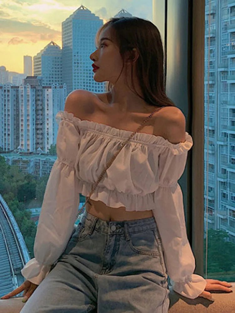 Off - Shoulder Puff Sleeve Blouse – White Long Sleeve Tunic Top for Women - La Tienda Bella