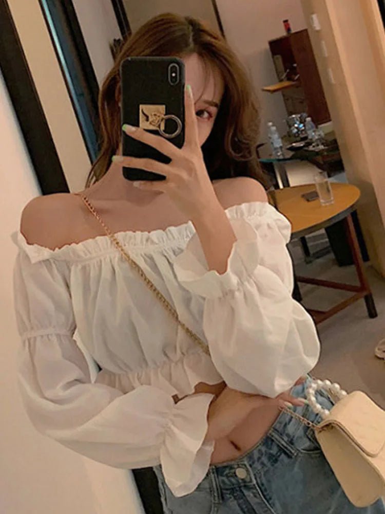 Off - Shoulder Puff Sleeve Blouse – White Long Sleeve Tunic Top for Women - La Tienda Bella