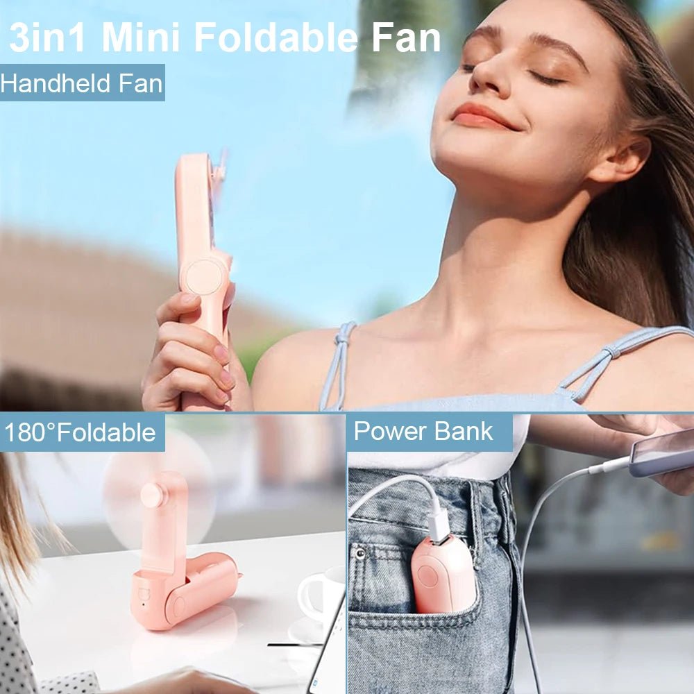 Portable Fan 2000mAh USB Rechargeable 3 Speed Mini Handheld Foldable Fan Hand Held Small Pocket Travel Fan with Handy Power Bank - La Tienda Bella