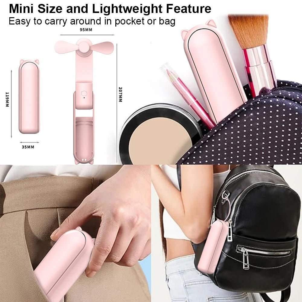 Portable Fan 2000mAh USB Rechargeable 3 Speed Mini Handheld Foldable Fan Hand Held Small Pocket Travel Fan with Handy Power Bank - La Tienda Bella