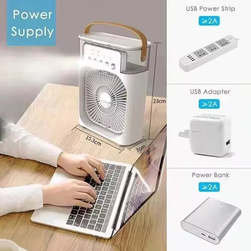 Portable humidifier fan three in one, mini USB air conditioning fan, LED night light, water mist, home fun air cooler humidifier - La Tienda Bella
