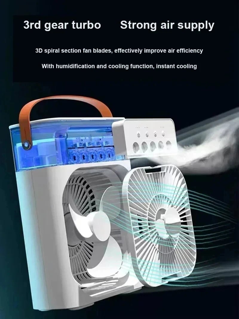 Portable humidifier fan three in one, mini USB air conditioning fan, LED night light, water mist, home fun air cooler humidifier - La Tienda Bella