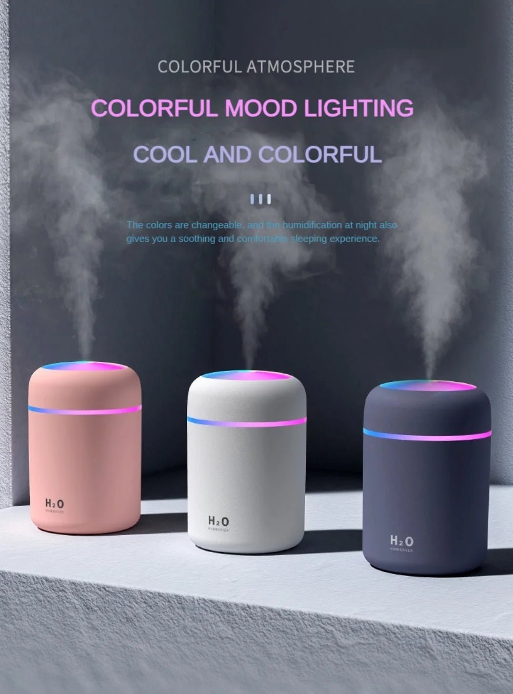 Portable Mini Air Humidifier For Bedroom,Personal Desktop,Car With Colorful Mood Lighting 2 Mist Modes And Auto Shut - Off - La Tienda Bella