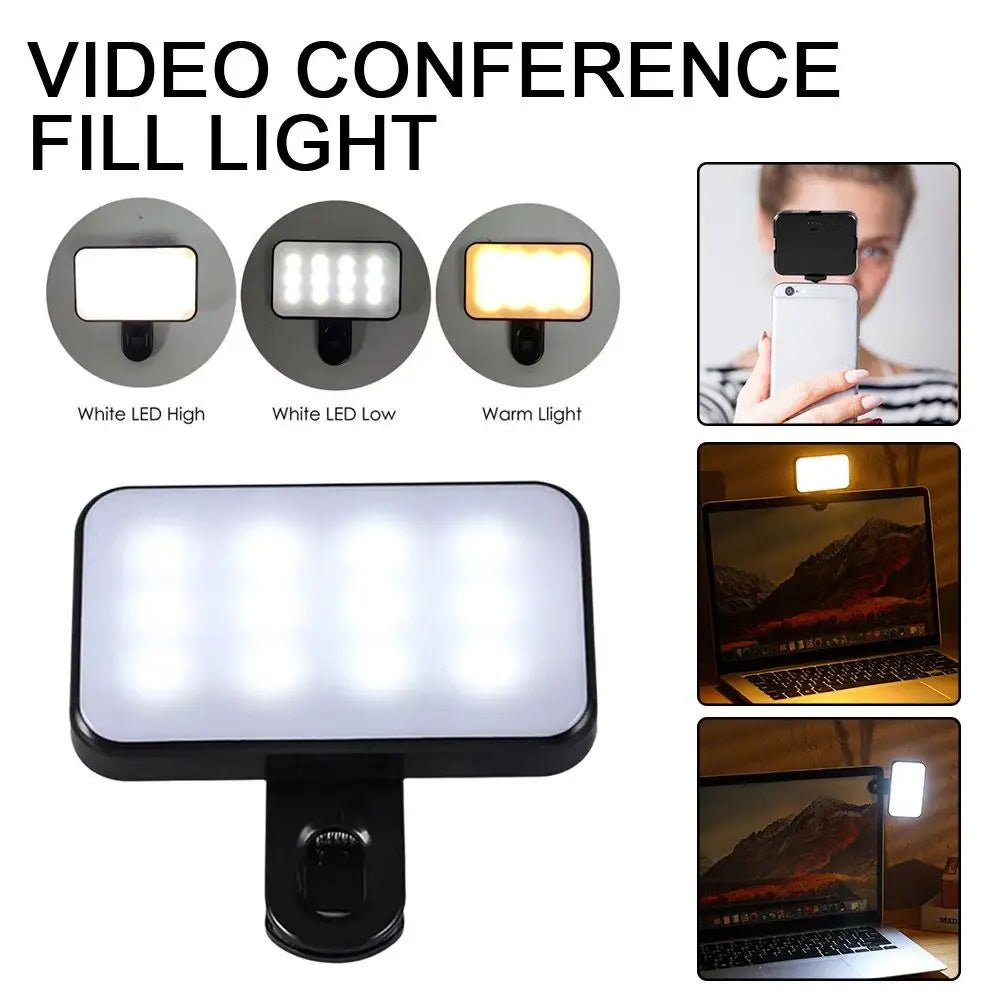 Portable Mini Selfie Fill Light Rechargeable 3 Modes Adjustable Brightness Clip On For Phone Laptop Tablet Meeting Make Up - La Tienda Bella