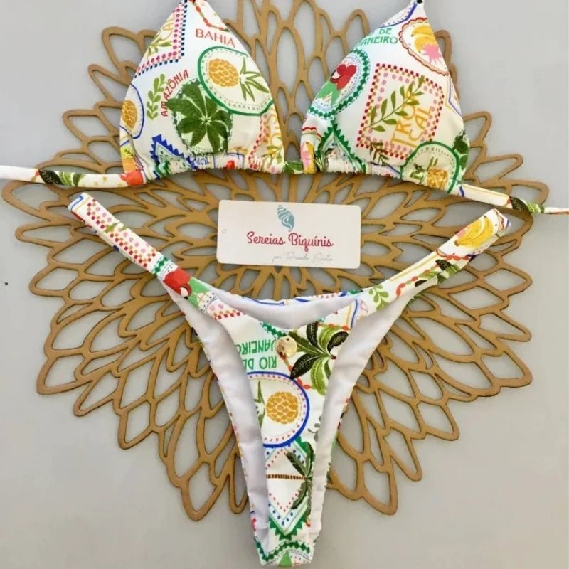 Print Sexy Bikini Sets Halter Lace-up Tops Thongs Beach Style Bathing Suit Y2k Swimsuits - La Tienda Bella