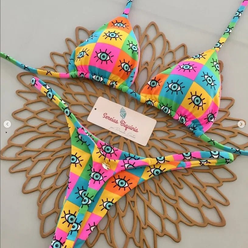 Print Sexy Bikini Sets Halter Lace-up Tops Thongs Beach Style Bathing Suit Y2k Swimsuits - La Tienda Bella