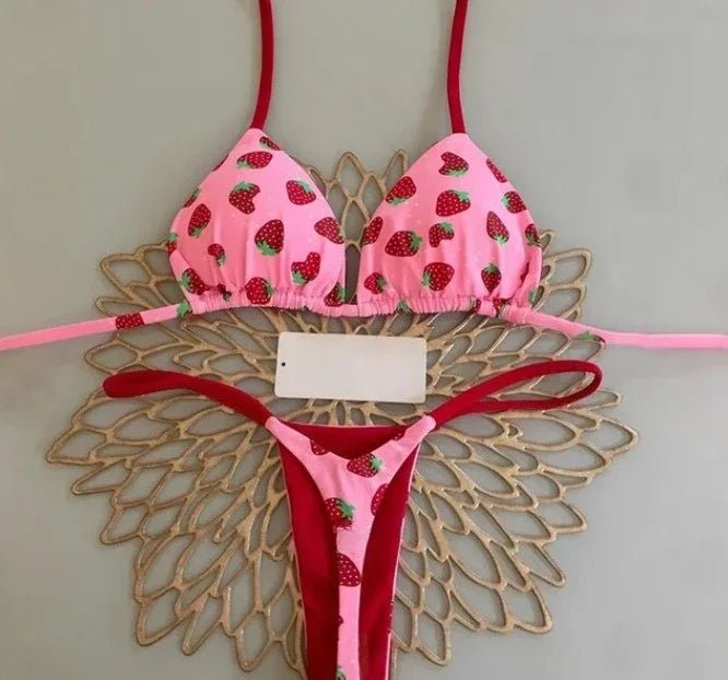Print Sexy Bikini Sets Halter Lace-up Tops Thongs Beach Style Bathing Suit Y2k Swimsuits - La Tienda Bella