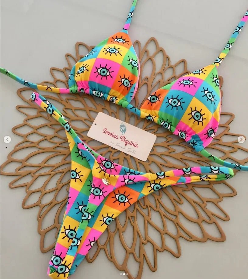 Print Sexy Bikini Sets Halter Lace-up Tops Thongs Beach Style Bathing Suit Y2k Swimsuits - La Tienda Bella