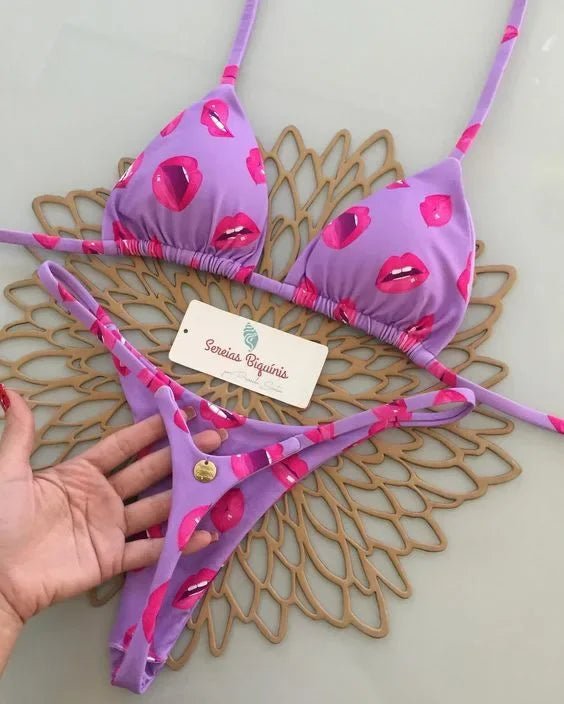 Print Sexy Bikini Sets Halter Lace-up Tops Thongs Beach Style Bathing Suit Y2k Swimsuits - La Tienda Bella