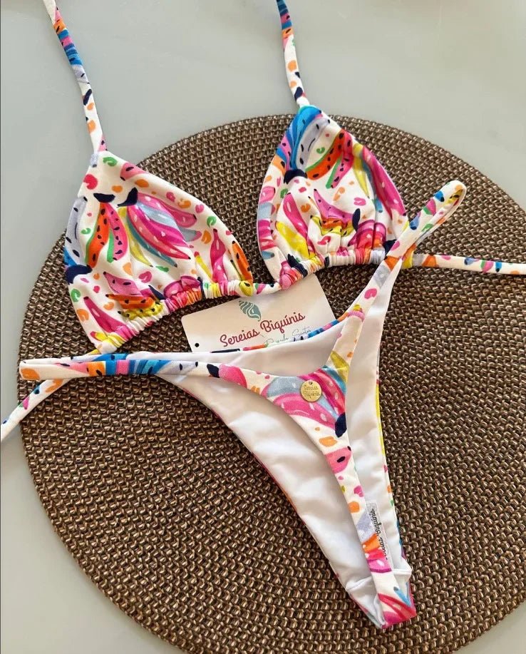 Print Sexy Bikini Sets Halter Lace-up Tops Thongs Beach Style Bathing Suit Y2k Swimsuits - La Tienda Bella
