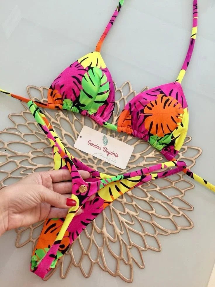 Print Sexy Bikini Sets Halter Lace-up Tops Thongs Beach Style Bathing Suit Y2k Swimsuits - La Tienda Bella
