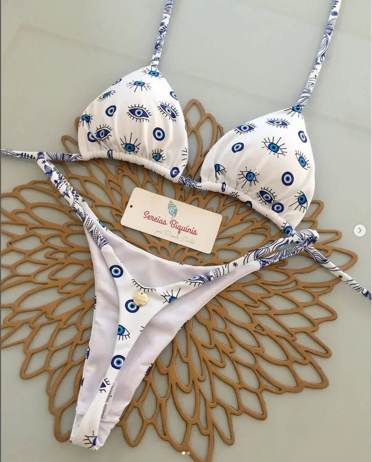 Print Sexy Bikini Sets Halter Lace-up Tops Thongs Beach Style Bathing Suit Y2k Swimsuits - La Tienda Bella