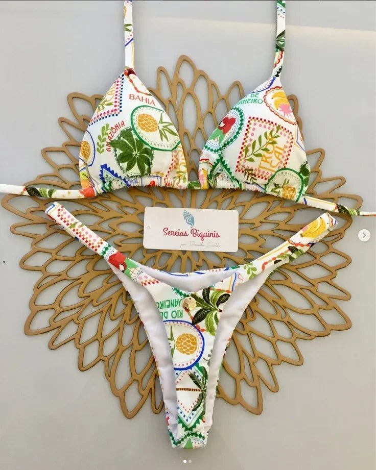 Print Sexy Bikini Sets Halter Lace-up Tops Thongs Beach Style Bathing Suit Y2k Swimsuits - La Tienda Bella
