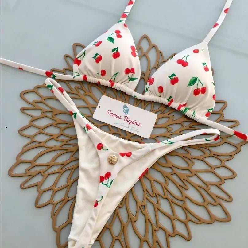 Print Sexy Bikini Sets Halter Lace-up Tops Thongs Beach Style Bathing Suit Y2k Swimsuits - La Tienda Bella