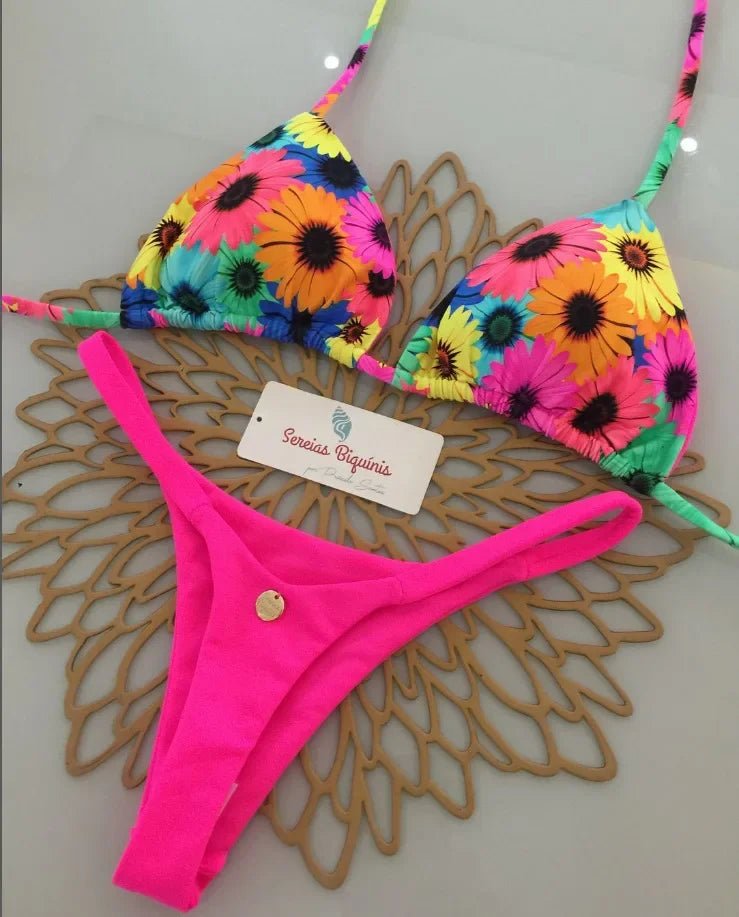 Print Sexy Bikini Sets Halter Lace-up Tops Thongs Beach Style Bathing Suit Y2k Swimsuits - La Tienda Bella