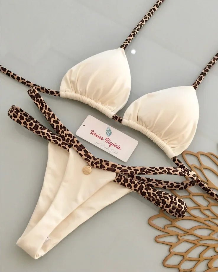 Print Sexy Bikini Sets Halter Lace-up Tops Thongs Beach Style Bathing Suit Y2k Swimsuits - La Tienda Bella
