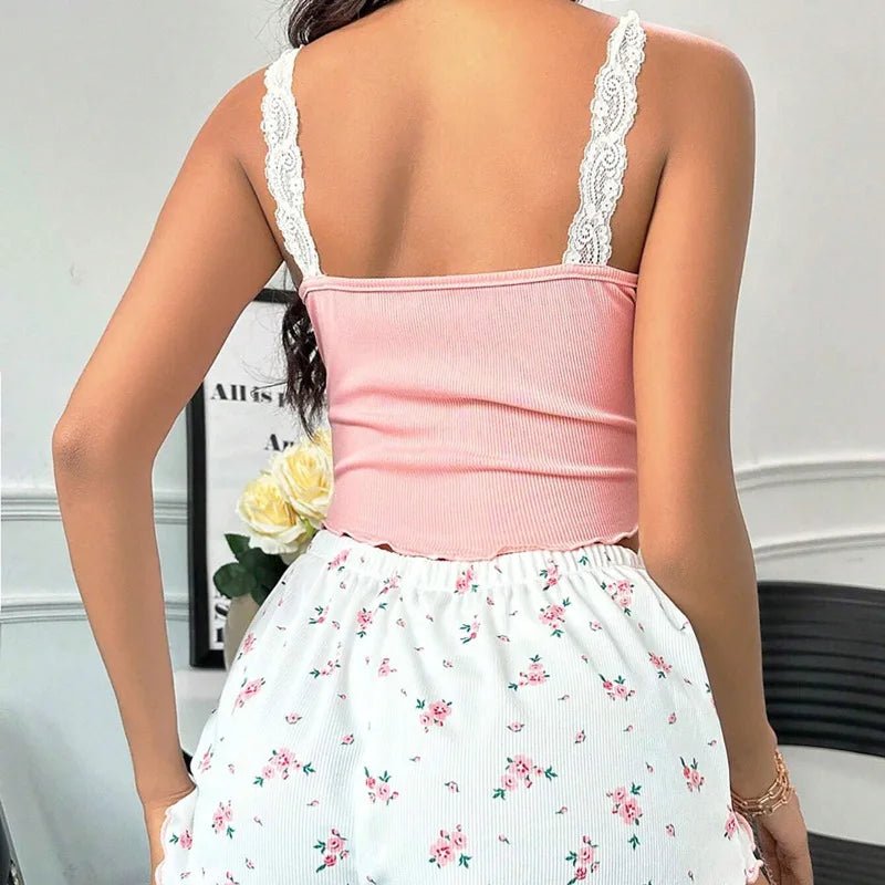 Pyjama 2 - pièces Dentelle Femme – Caraco &amp; Short Spaghetti Straps - La Tienda Bella