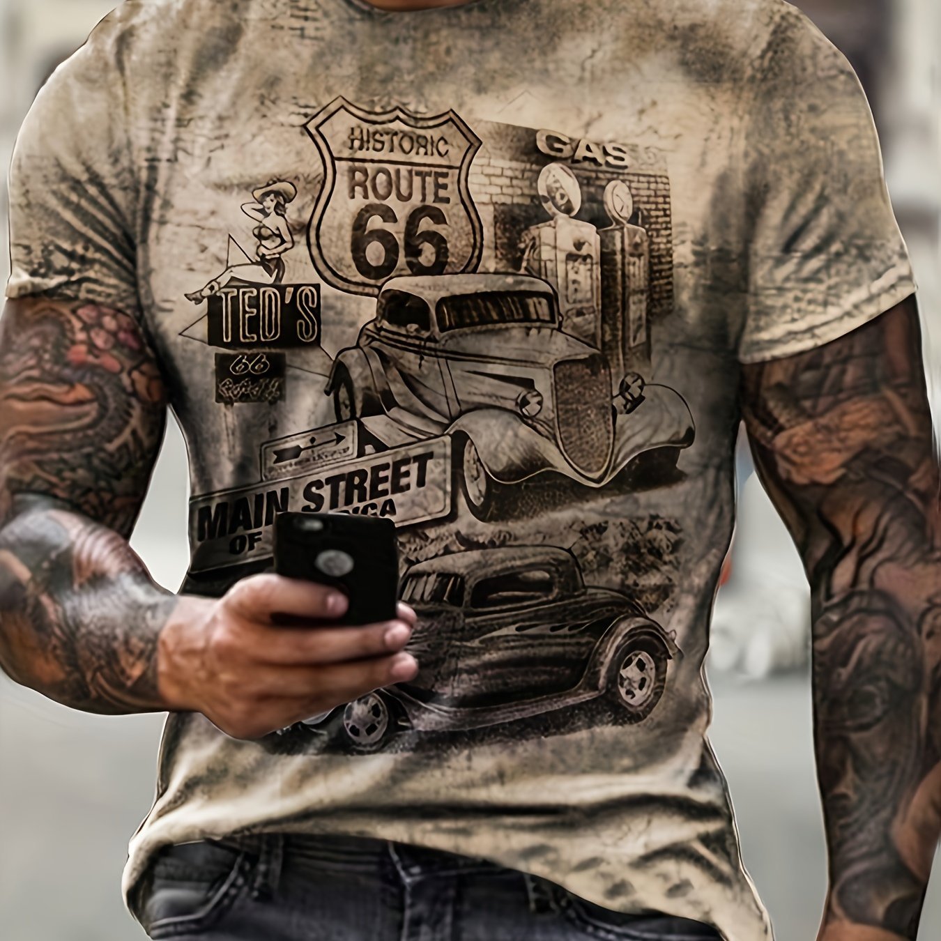 Retro Route 66 Classic Car Graphic Tee - Comfortable Short Sleeve T-Shirt for Men - Premium Quality Summer Wear - Eye - Catching Vintage Style Casual Clothing - La Tienda Bella