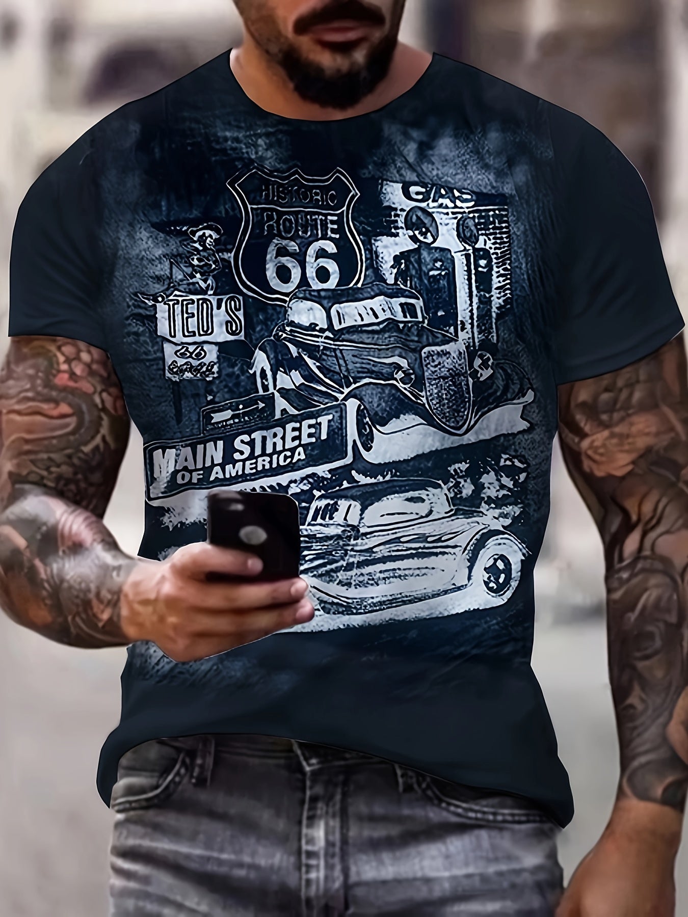 Retro Route 66 Classic Car Graphic Tee - Comfortable Short Sleeve T-Shirt for Men - Premium Quality Summer Wear - Eye - Catching Vintage Style Casual Clothing - La Tienda Bella