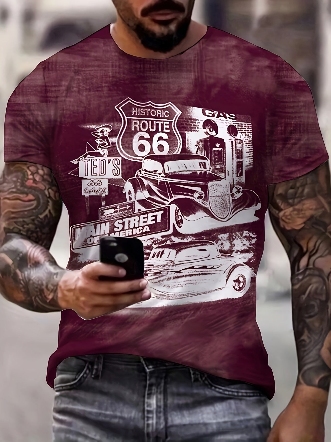 Retro Route 66 Classic Car Graphic Tee - Comfortable Short Sleeve T-Shirt for Men - Premium Quality Summer Wear - Eye - Catching Vintage Style Casual Clothing - La Tienda Bella