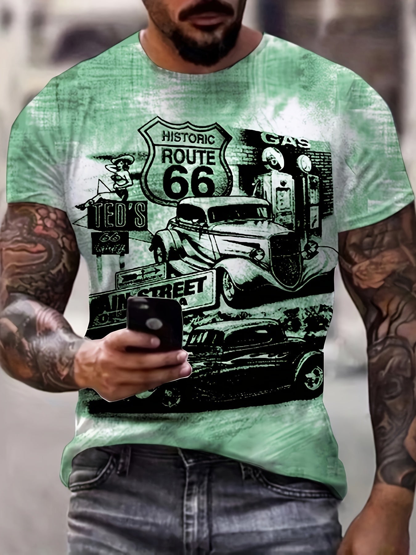 Retro Route 66 Classic Car Graphic Tee - Comfortable Short Sleeve T-Shirt for Men - Premium Quality Summer Wear - Eye - Catching Vintage Style Casual Clothing - La Tienda Bella