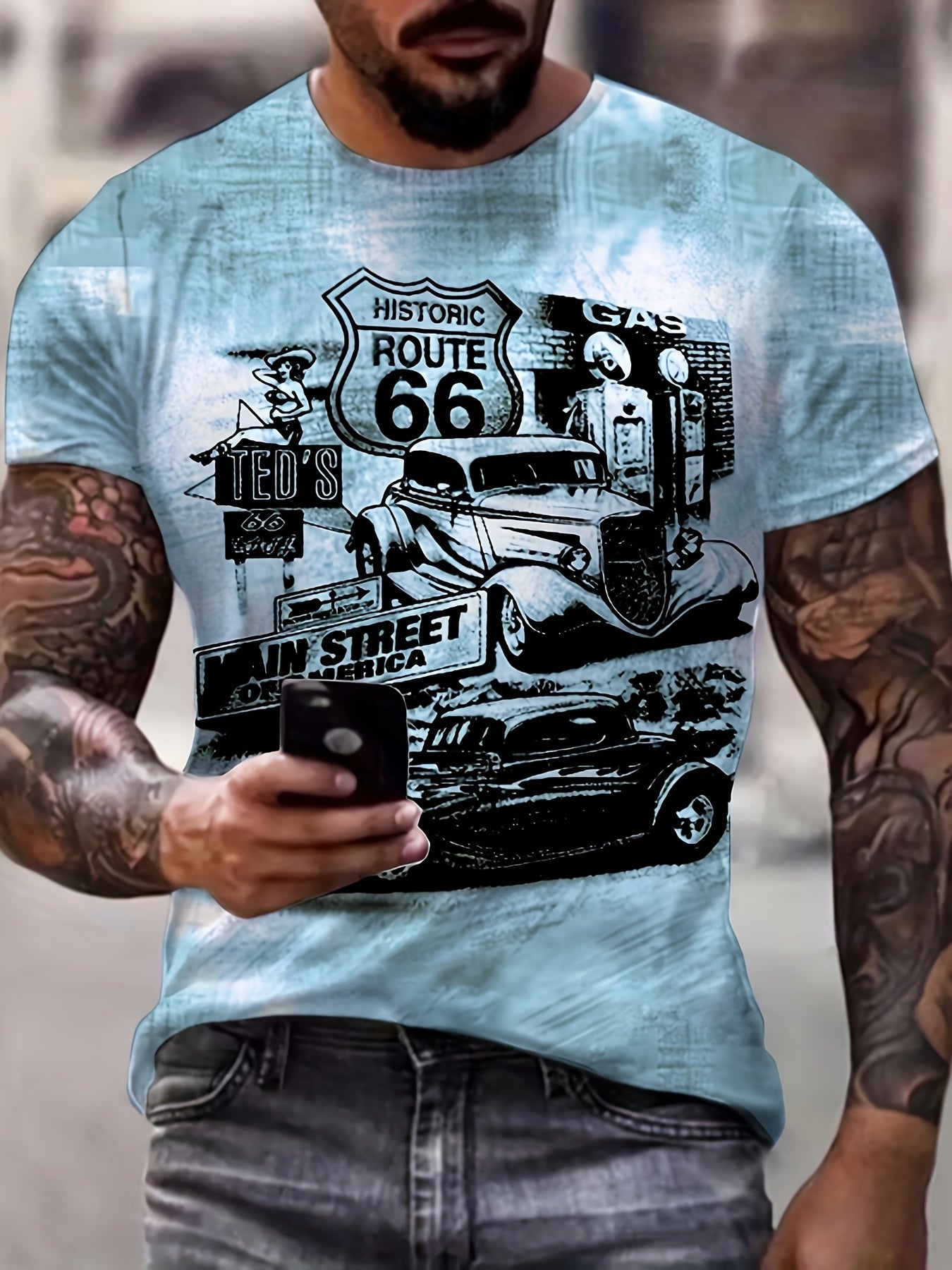 Retro Route 66 Classic Car Graphic Tee - Comfortable Short Sleeve T-Shirt for Men - Premium Quality Summer Wear - Eye - Catching Vintage Style Casual Clothing - La Tienda Bella