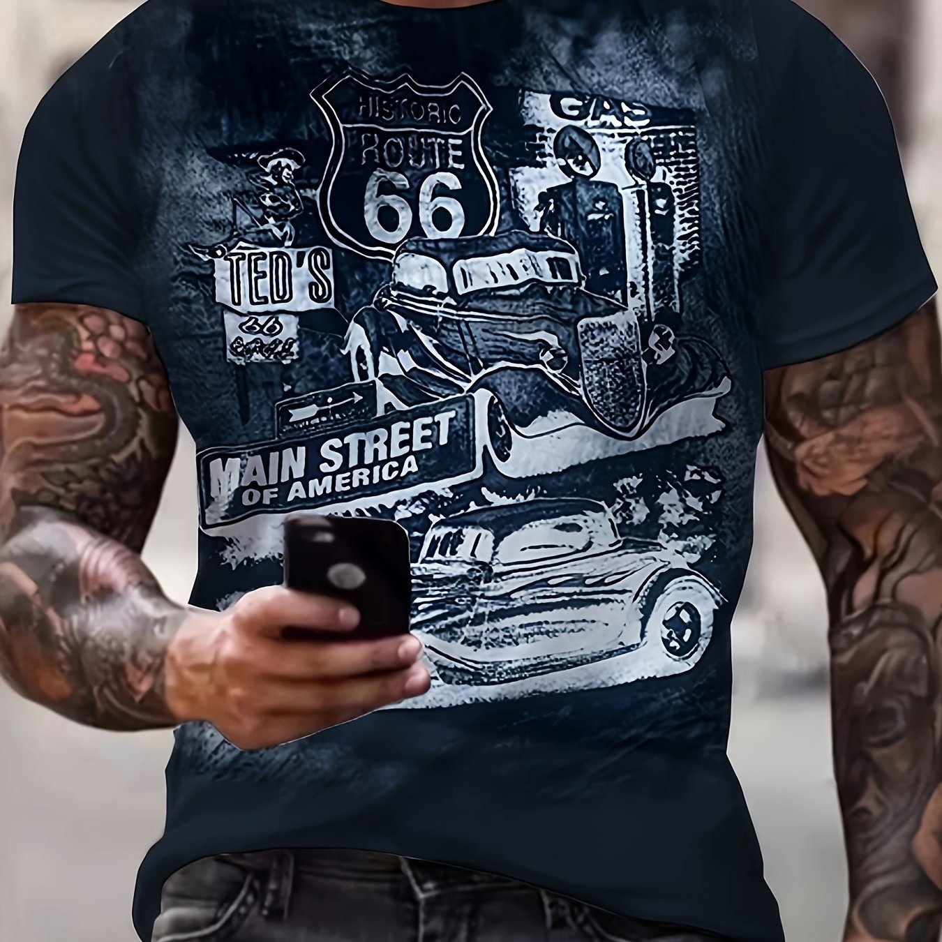 Retro Route 66 Classic Car Graphic Tee - Comfortable Short Sleeve T-Shirt for Men - Premium Quality Summer Wear - Eye - Catching Vintage Style Casual Clothing - La Tienda Bella
