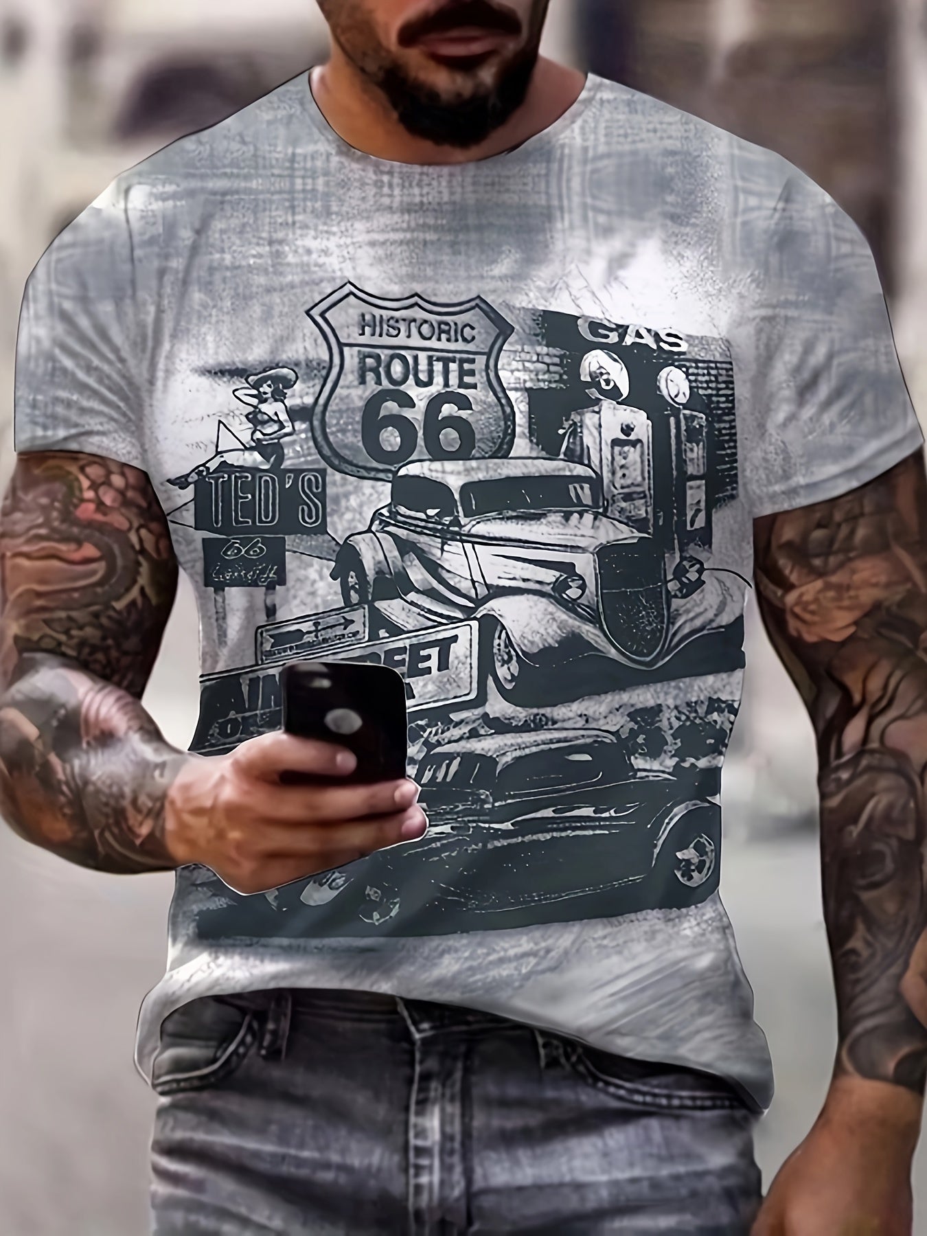 Retro Route 66 Classic Car Graphic Tee - Comfortable Short Sleeve T-Shirt for Men - Premium Quality Summer Wear - Eye - Catching Vintage Style Casual Clothing - La Tienda Bella