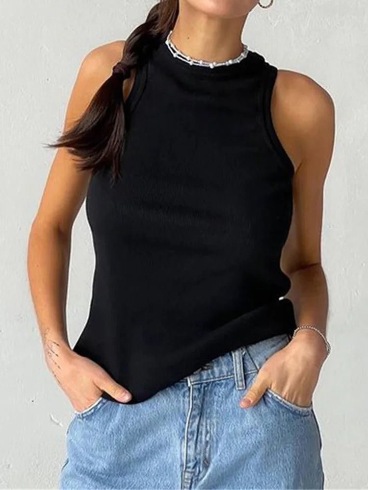 Ribbed Knitted Tops Neck Summer Basic Shirts White Black Casual Sport Vest Off Shoulder Green - La Tienda Bella