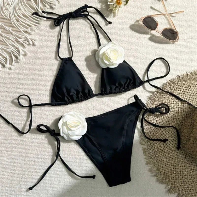 Sexy Bikini Set Women Swimsuit 2025 Black White 3D Floral Print Micro Bikinis Brazilian Cutout Beach- La Tienda Bella