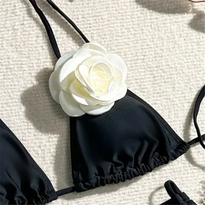 Sexy Bikini Set Women Swimsuit 2025 Black White 3D Floral Print Micro Bikinis Brazilian Cutout Beach- La Tienda Bella