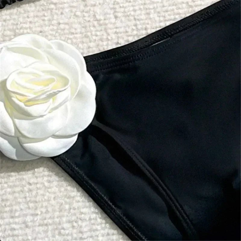 Sexy Bikini Set Women Swimsuit 2025 Black White 3D Floral Print Micro Bikinis Brazilian Cutout Beach- La Tienda Bella