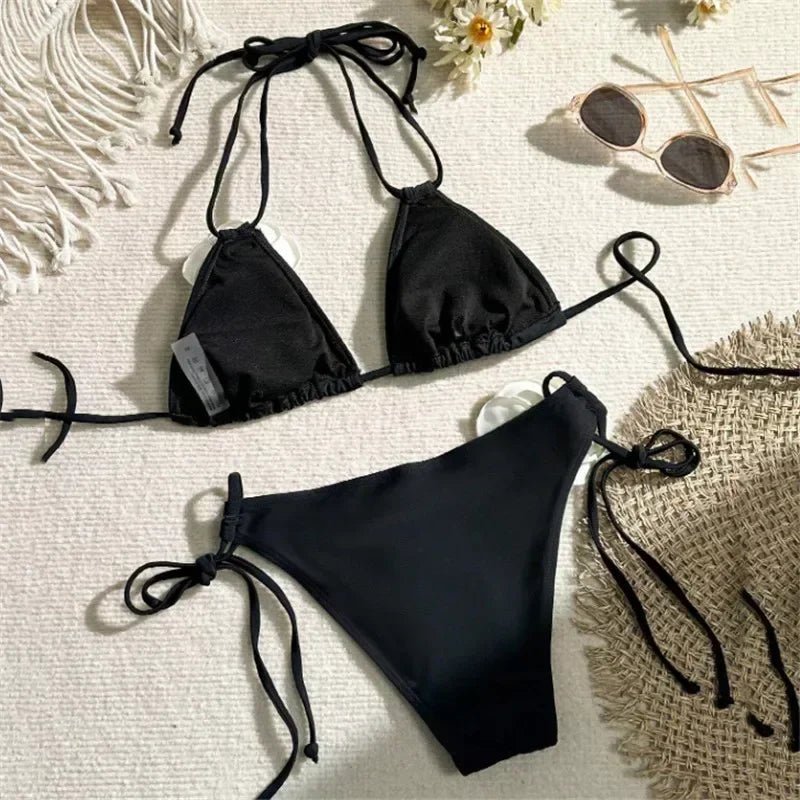 Sexy Bikini Set Women Swimsuit 2025 Black White 3D Floral Print Micro Bikinis Brazilian Cutout Beach- La Tienda Bella